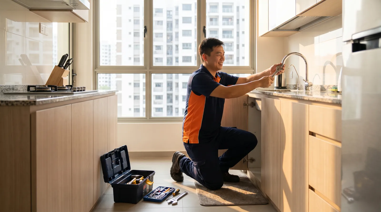 Hero: uniformed Handyman AZ technician at work in a Singapore HDB/condo home